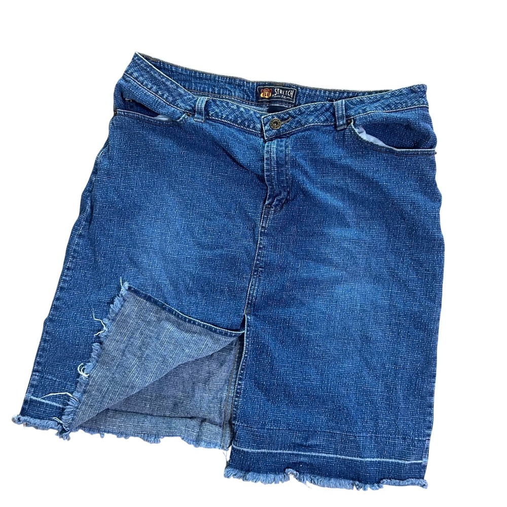 Vtg y2k Route 66 Denim Skirt‎ Blue Frayed Hem Midi Size 16